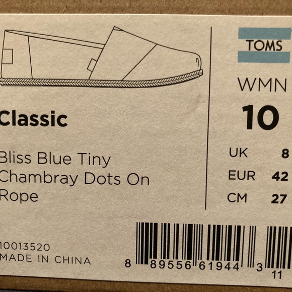 NWT. Toms Women’s SZ 10 Classic Rope Bliss Blue Chambray Tiny Dots Slip-On Flats - Picture 5 of 5